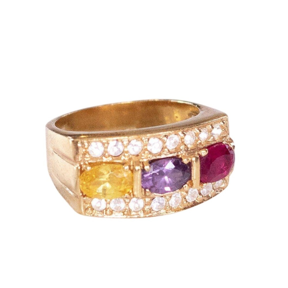 Vintage 1980s Gold Band Ring with Pink, Amethyst, and Yellow CZs